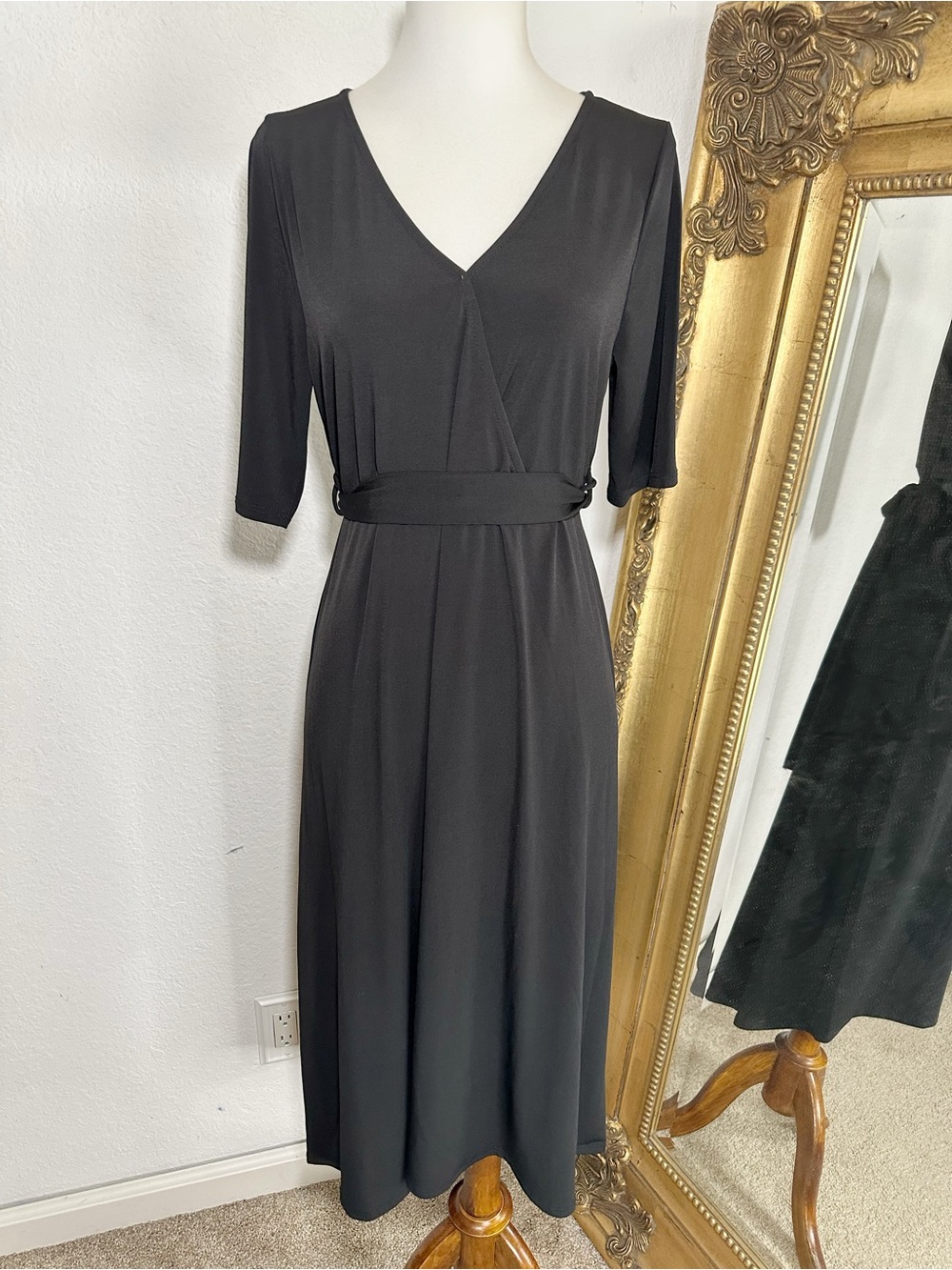 Hello Miz Black Essential Wrap V Neck Midi Dress Half Sleeve Size L Made in USA
